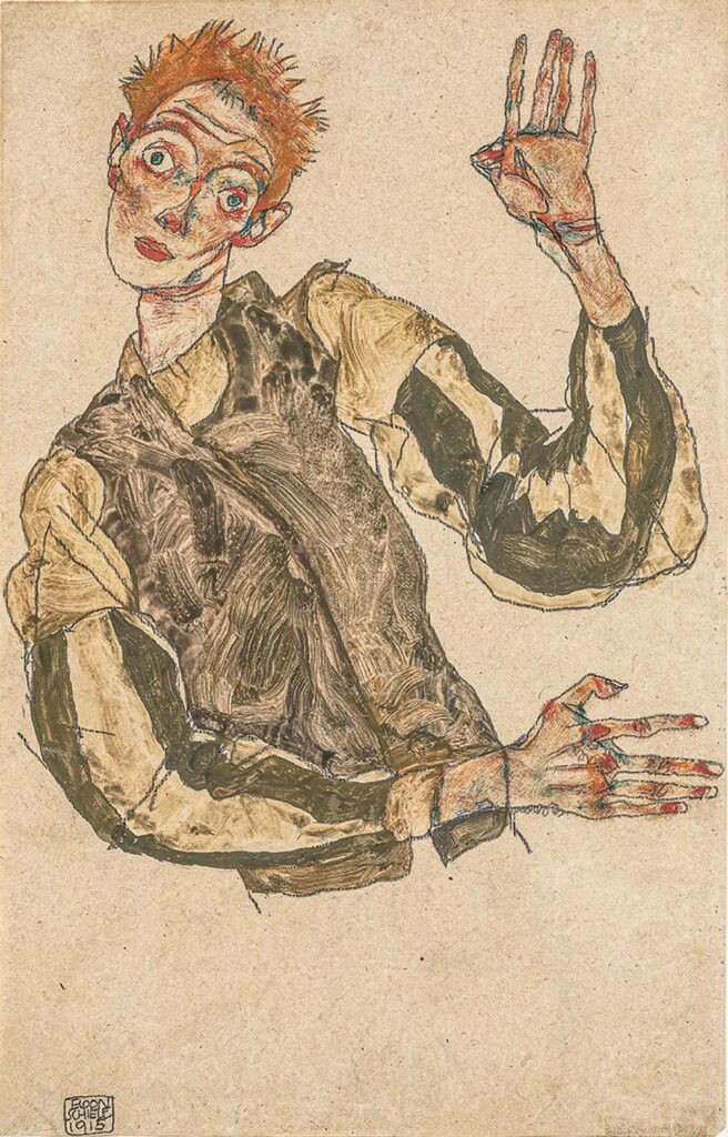 Egon Schiele, Selbstdarstellung mit gestreiften Ärmelschonern, 1915, Privatsammlung