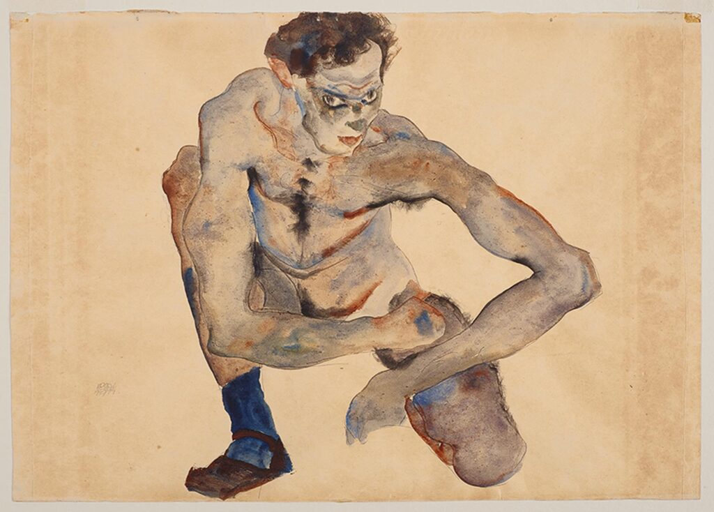 Egon Schiele, Hockender männlicher Akt mit Strumpf (Selbstbildnis), 1912, Leopold
Privatsammlung, Wien