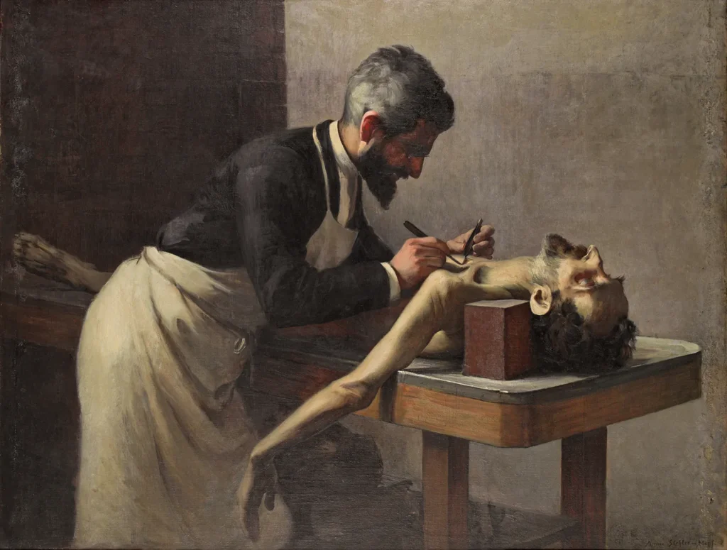 Annie Stebler Hopf "At the dissecting table" (Professor Poirier, Paris), c. 1889, oil on canvas, 114 × 147 cm, signed lower right: “Annie Stebler-Hopf” 
© Kunstmuseum Bern, gift of her husband from the artist's estate, Inv. from the artist's estate,Inv. G 0962