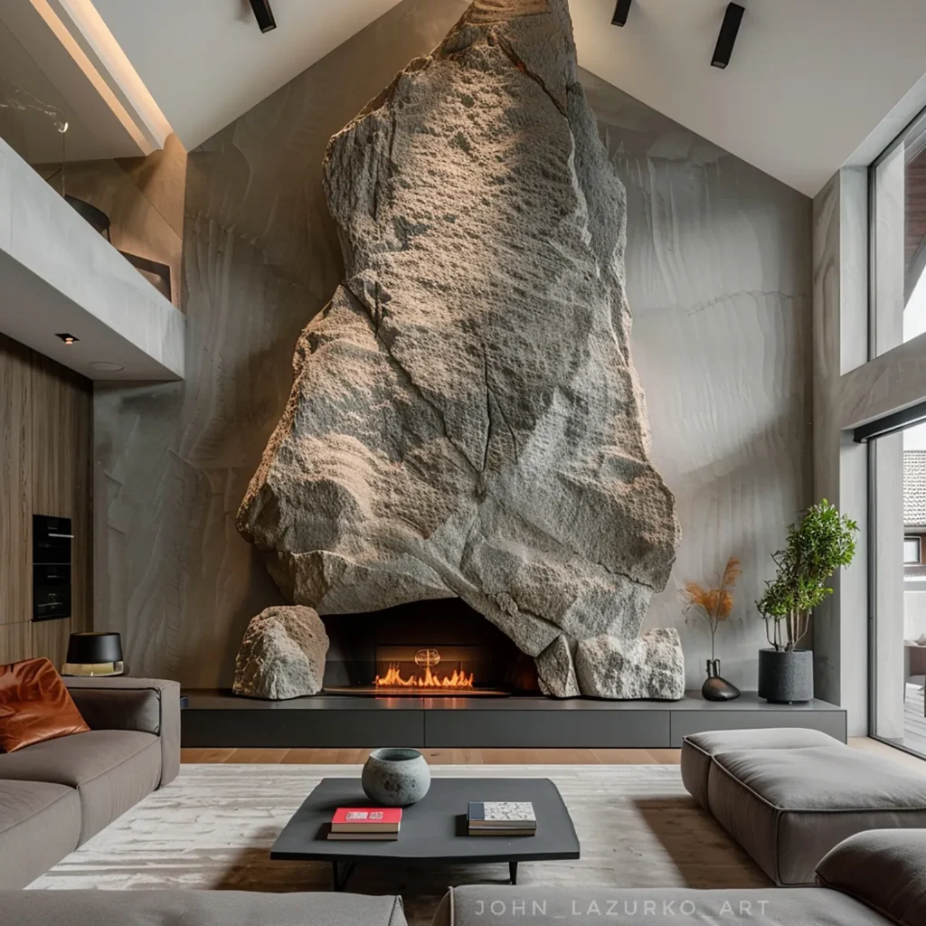 Fireplace made of large relief rock in a modern living room
© John Lazurko