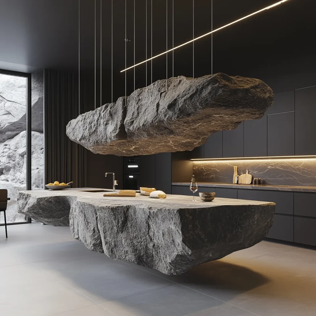 A rock island suspended in the air by cables in a modern kitchen
© John Lazurko