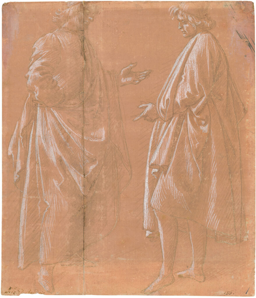 Domenico Ghirlandaio (Florence 1448 - 1494 Florence, attributed to him), Two standing men in conversation, 1480s, silverpoint, brush in white, on salmon red prepared paper, 211 × 181 mm
© State Graphic Collection Munich, inv. no. 2150 Z