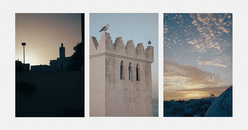 Silueta de mezquita, torre en la azotea con gaviotas y puesta de sol sobre Tánger
© Davide Edoardo