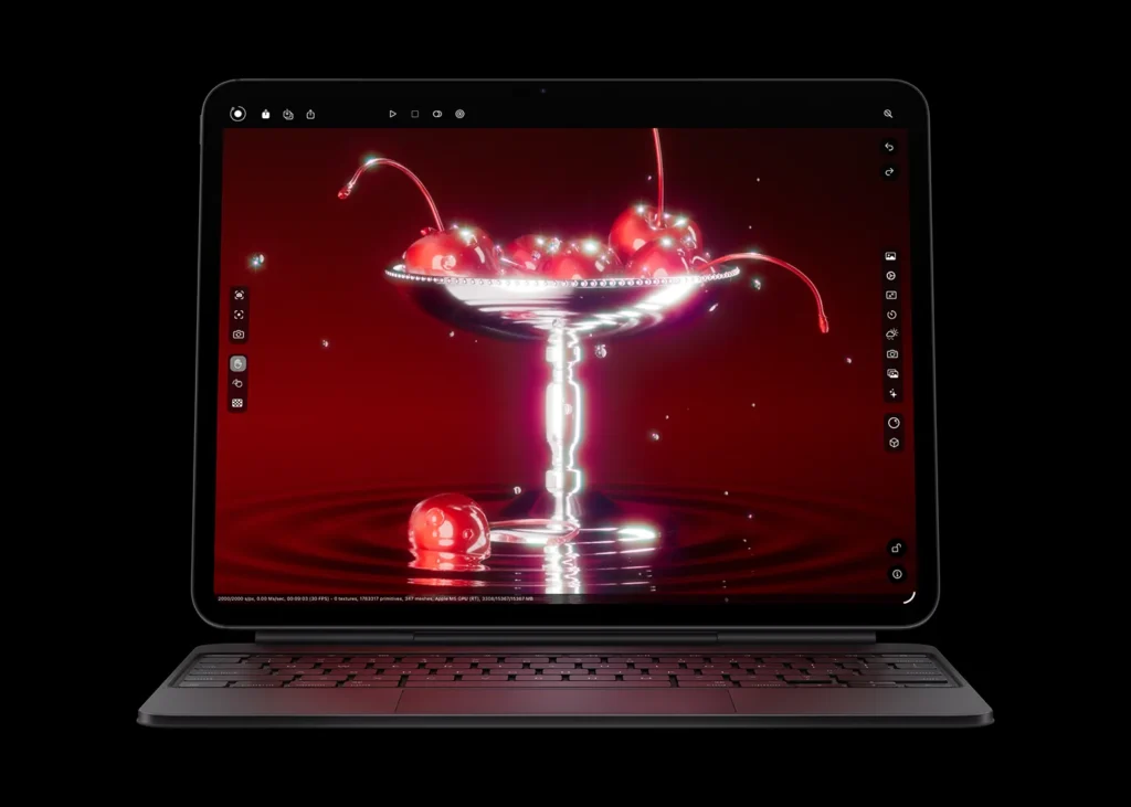 Apple iPad Pro avec puce M5 affichant un rendu 3D en temps réel, image officielle © Apple Inc., 2025.