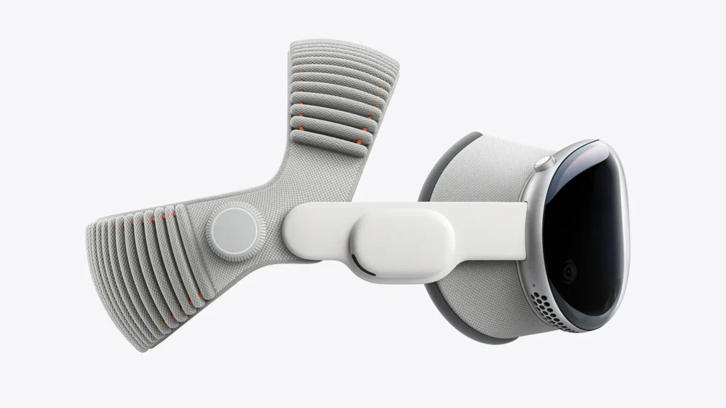 Vue latérale du casque Apple Vision Pro avec le nouveau bandeau double maille en tissu gris.