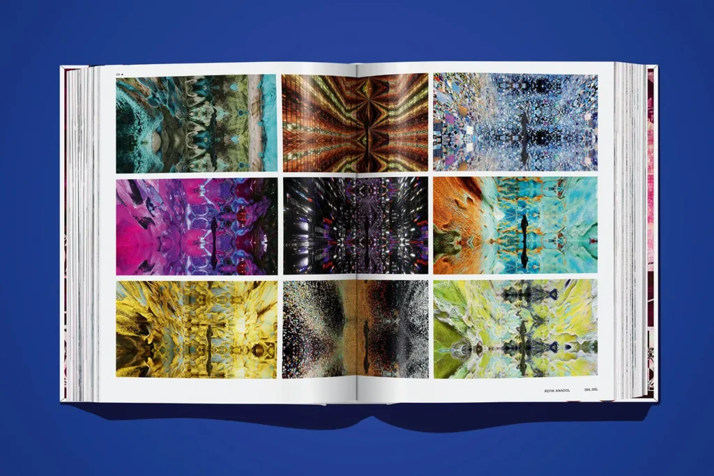 Open spread from On NFTs by Robert Alice featuring digital works by Refik Anadol.