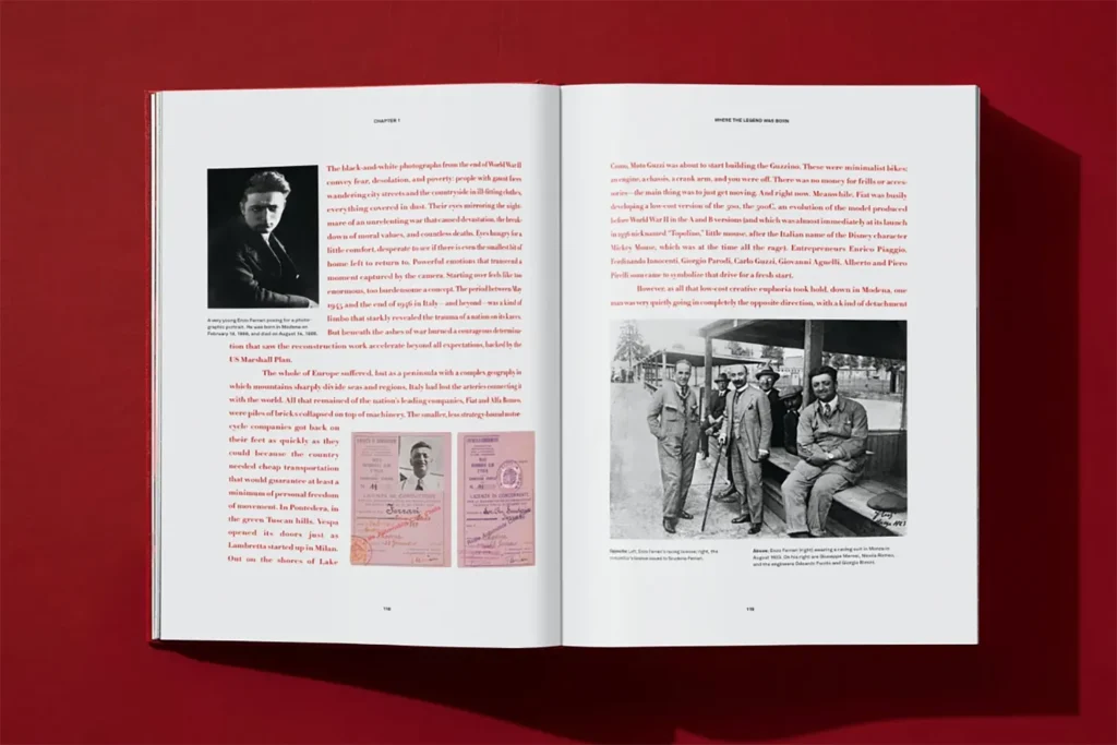 Open spread from Ferrari XL featuring early photographs and documents of Enzo Ferrari