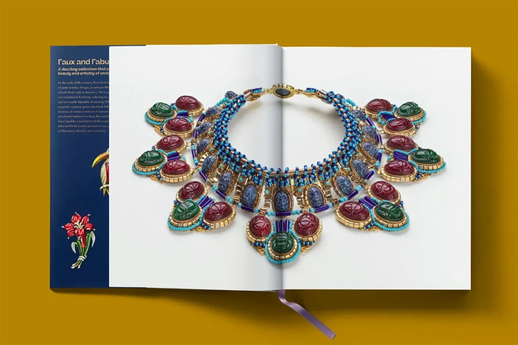 Double page de “Costume Jewelry” présentant un collier statement ornemental.
© Taschen Verlag