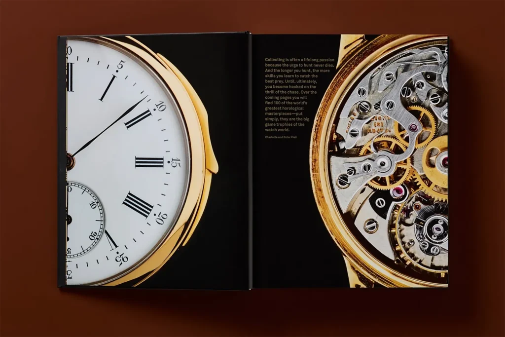 A double-page spread from “Ultimate Collector Watches” shows a classic enamel dial alongside a detailed view of a mechanical movement. 
 © Taschen Verlag