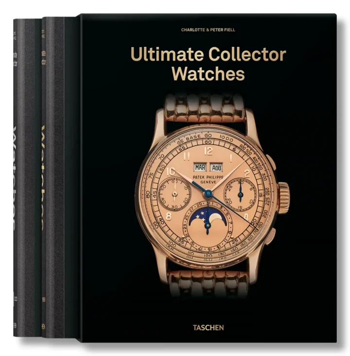 Book cover of Ultimate Collector Watches by Charlotte & Peter Fiell featuring a rose gold Patek Philippe wristwatch on a black background