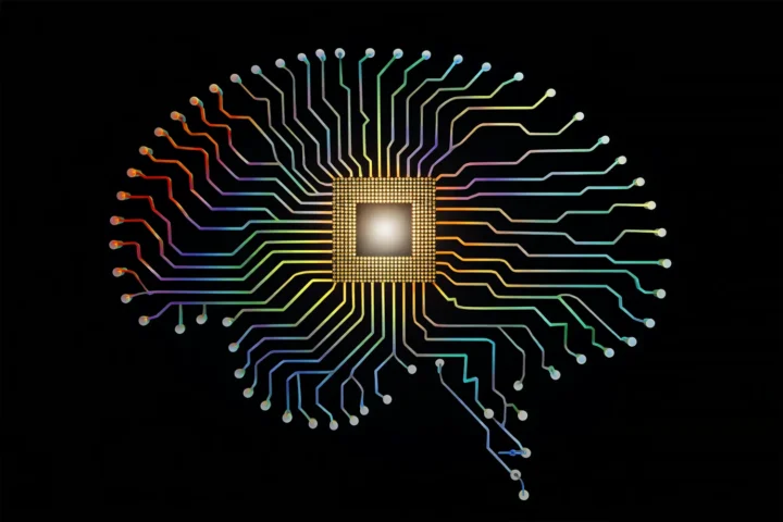 Human brain formed by fine circuit lines with a central microchip on a black background symbolising artificial intelligence as a cultural power resource