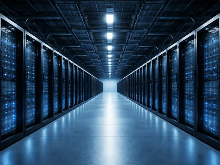 Symmetrical corridor inside a large-scale data center with rows of illuminated server racks and cold blue lighting