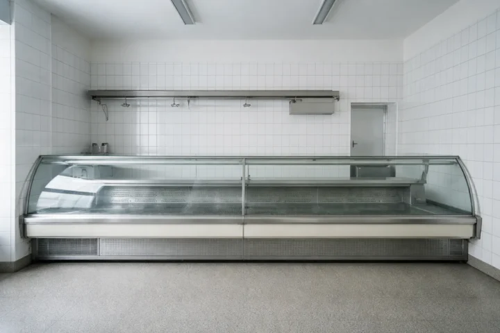 Empty butcher’s shop with a long refrigerated display counter in a sterile white tiled interior, photographed in daylight