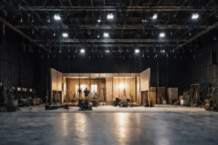 Empty film studio soundstage with lighting rigs and unfinished set under construction