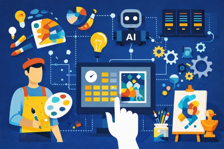 Flat illustration of an artist working with generative AI on a blue background, symbolizing the shift of cultural power into digital infrastructure.