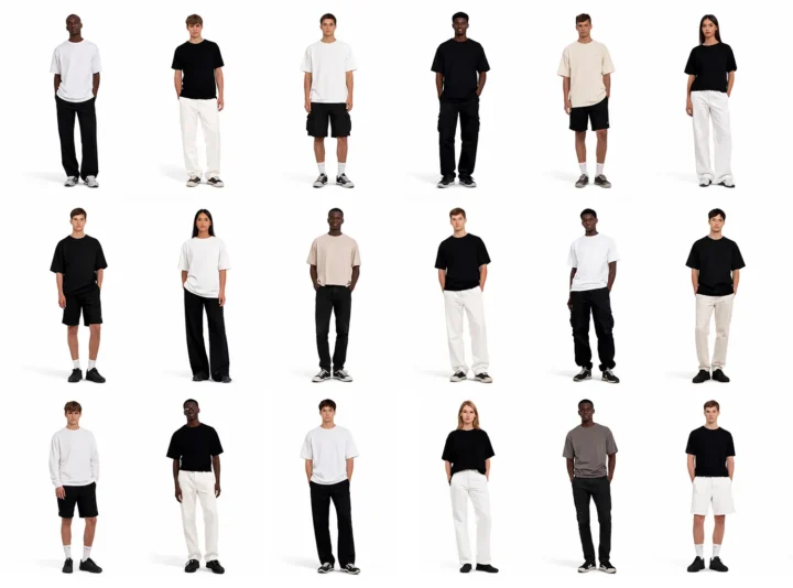 Studio grid of models wearing monochrome black and white T-shirts and neutral trousers on a white background