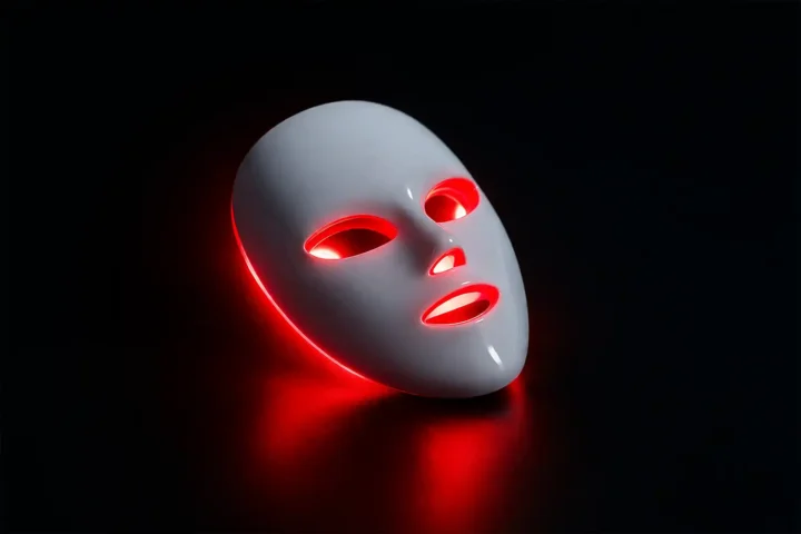 Glossy white LED facial mask glowing red on a dark background