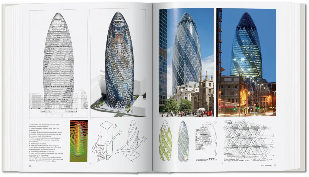 Architectural diagrams and photographs of 30 St. Mary Axe by Norman Foster in London.
